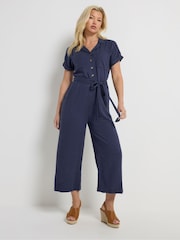 M&Co Blue Tie Waist Linen Blend Jumpsuit - Image 2 of 4