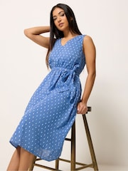 M&Co Blue Petite Dobby Tie Waist Midi Dress - Image 1 of 5