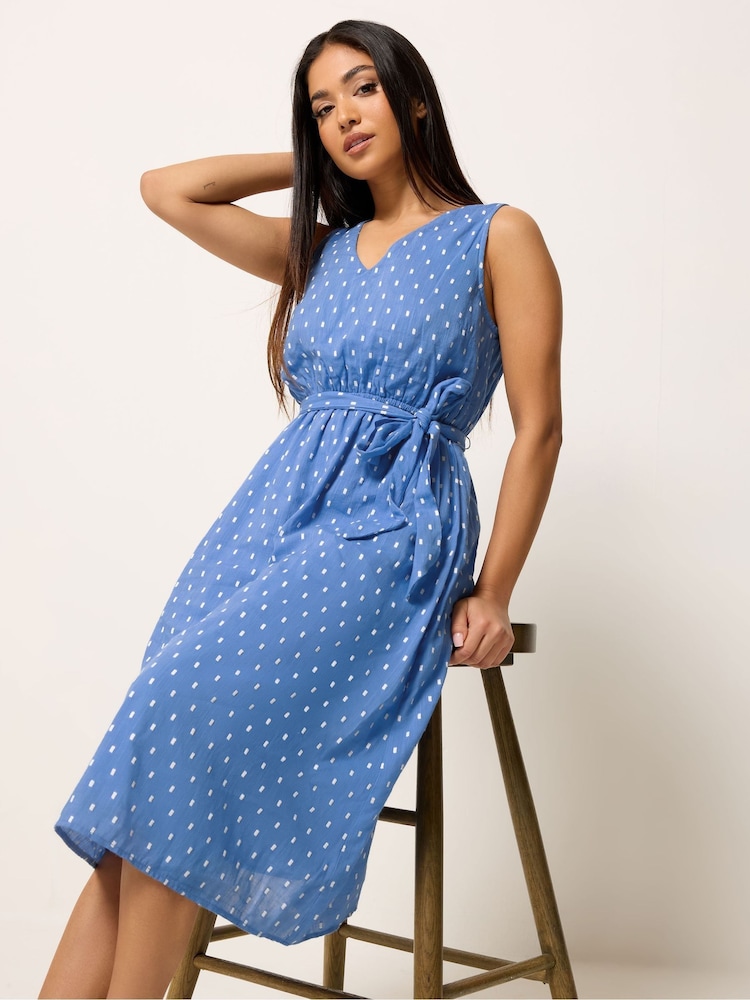 M&Co Blue Petite Dobby Tie Waist Midi Dress - Image 1 of 5