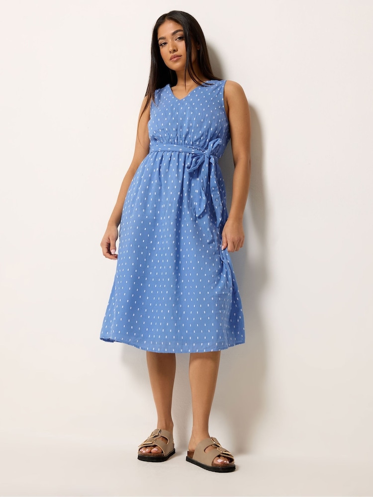 M&Co Blue Petite Dobby Tie Waist Midi Dress - Image 2 of 5