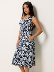 M&Co Blue Petite V-Neck Fit & Flare Linen Blend Dress - Image 1 of 4