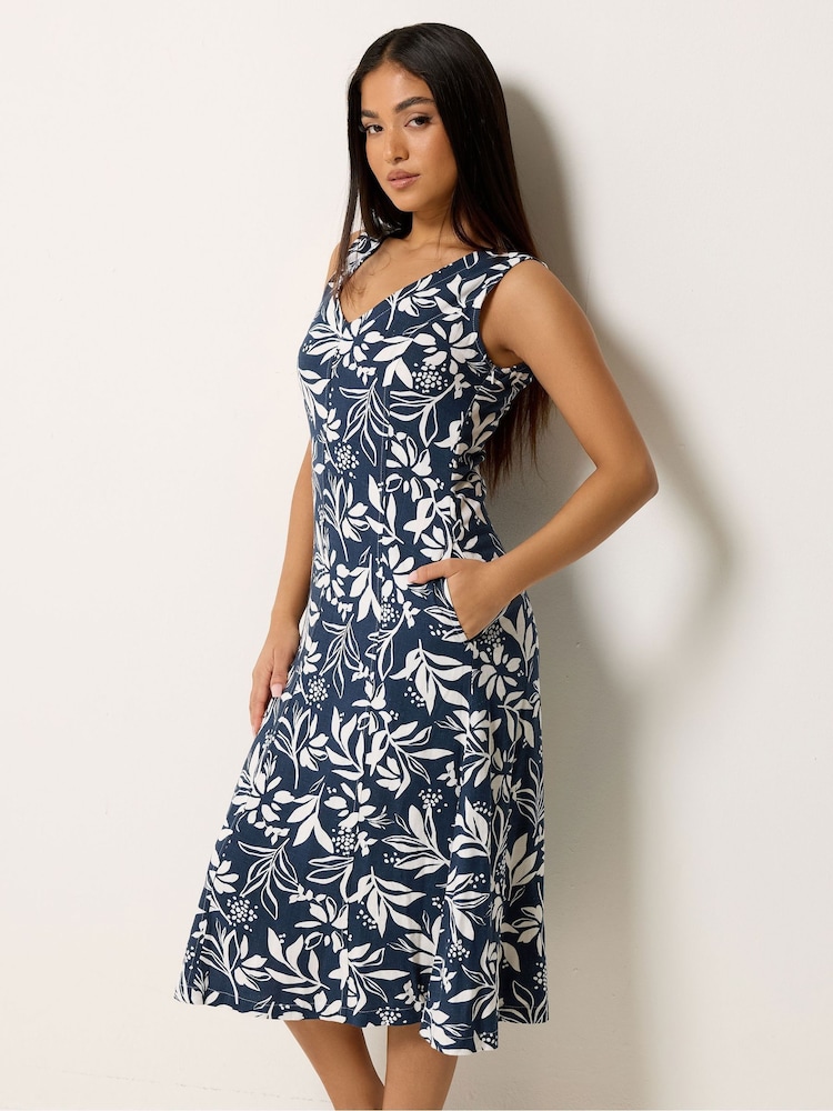 M&Co Blue Petite V-Neck Fit & Flare Linen Blend Dress - Image 1 of 4