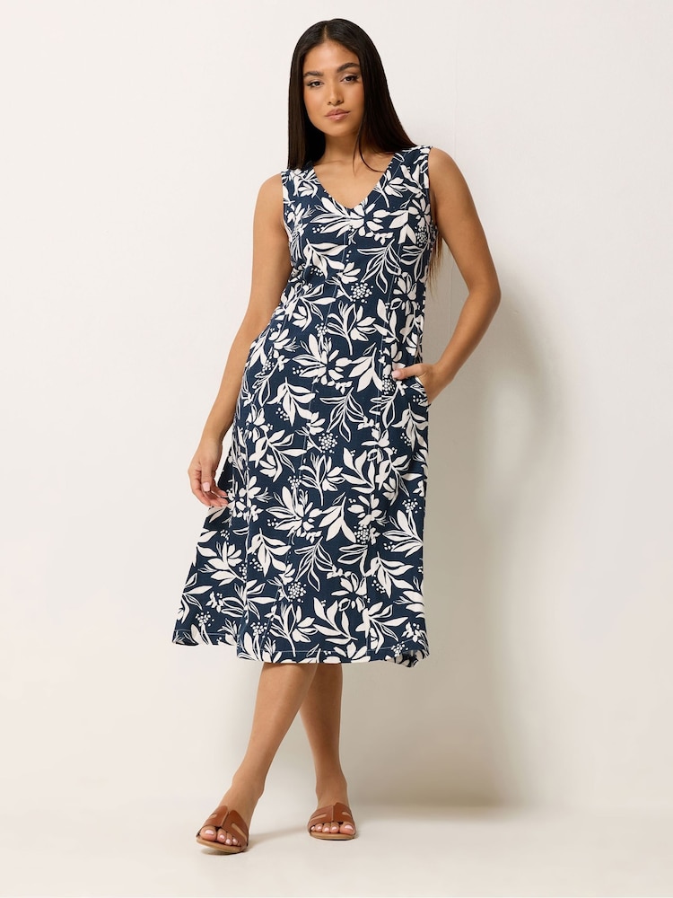 M&Co Blue Petite V-Neck Fit & Flare Linen Blend Dress - Image 2 of 4