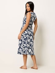 M&Co Blue Petite V-Neck Fit & Flare Linen Blend Dress - Image 3 of 4