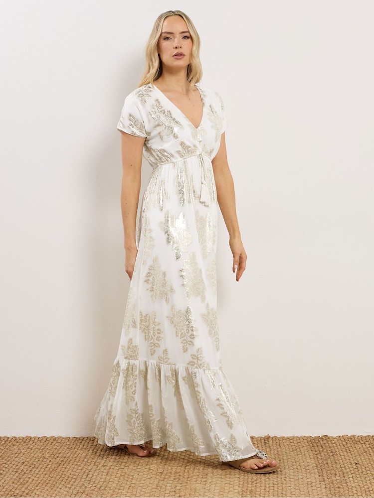 Long Tall Sally White Paisley Metallic Sheer Maxi Dress - Image 1 of 5