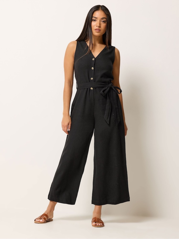 M&Co Black Petite Tie Waist Linen Blend Jumpsuit - Image 1 of 2
