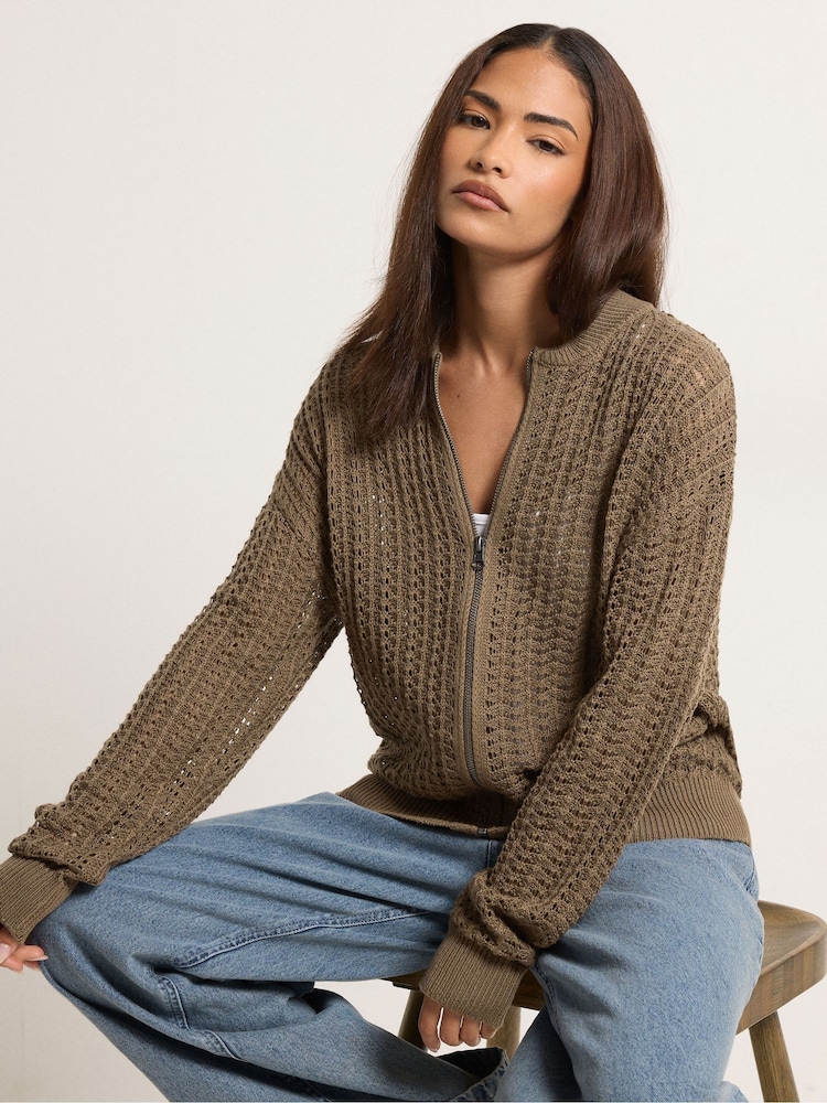 חום - PixieGirl Petite Crochet Bomber Cardigan - תמונה 1 מתוך 5