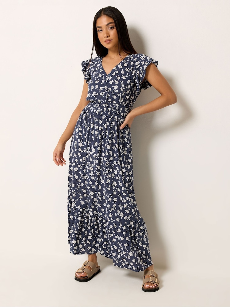 Μπλε - M&Co Φλοράλ Μακρύ φόρεμα με βολάν Petite - Εικόνα 1 από 5