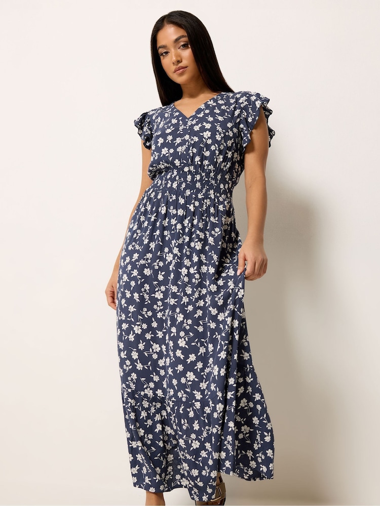 Μπλε - M&Co Φλοράλ Μακρύ φόρεμα με βολάν Petite - Εικόνα 2 από 5