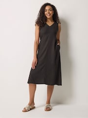M&Co Brown V-Neck Fit & Flare Linen Blend Dress - Image 1 of 6