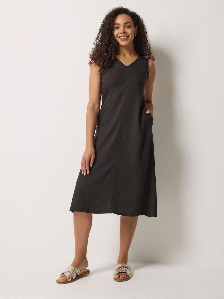M&Co Brown V-Neck Fit & Flare Linen Blend Dress - Image 1 of 6 M&Co Brown V-Neck Fit & Flare Linen Blend Dress - Image 1 of 6