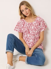 M&Co Red Ditsy Floral Cotton Scoop Neck Top - Image 1 of 5