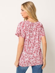 M&Co Red Ditsy Floral Cotton Scoop Neck Top - Image 3 of 5