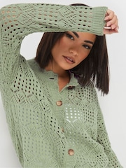 PixieGirl Petite Green Crochet Button Cardigan - Image 4 of 5