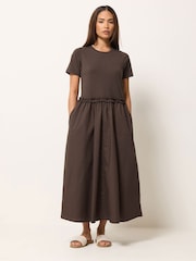 PixieGirl Petite Brown Short Sleeve Mixed Ruffle Seam Midi Dress - Image 1 of 5