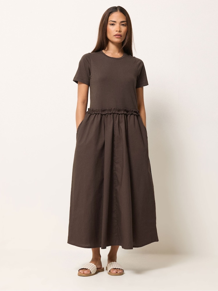 PixieGirl Petite Brown Short Sleeve Mixed Ruffle Seam Midi Dress - Image 1 of 5