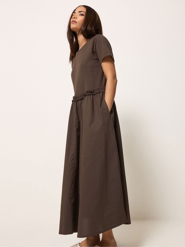 PixieGirl Petite Brown Short Sleeve Mixed Ruffle Seam Midi Dress - Image 2 of 5
