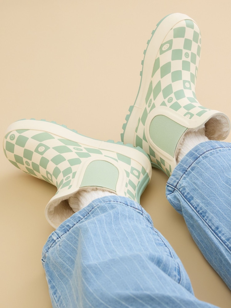 KIDLY by MORI Warm Waterproof Fur-Lined Ankle Wellie Green Boots Check Print - Image 1 of 6
