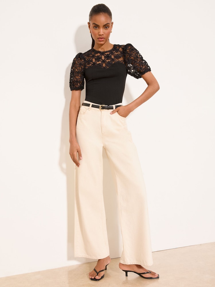 Lipsy Black Short Sleeve Puff Sleeve 3D Textured Top - Image 2 of 5