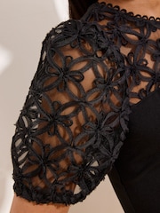 Lipsy Black Short Sleeve Puff Sleeve 3D Textured Top - Image 3 of 5