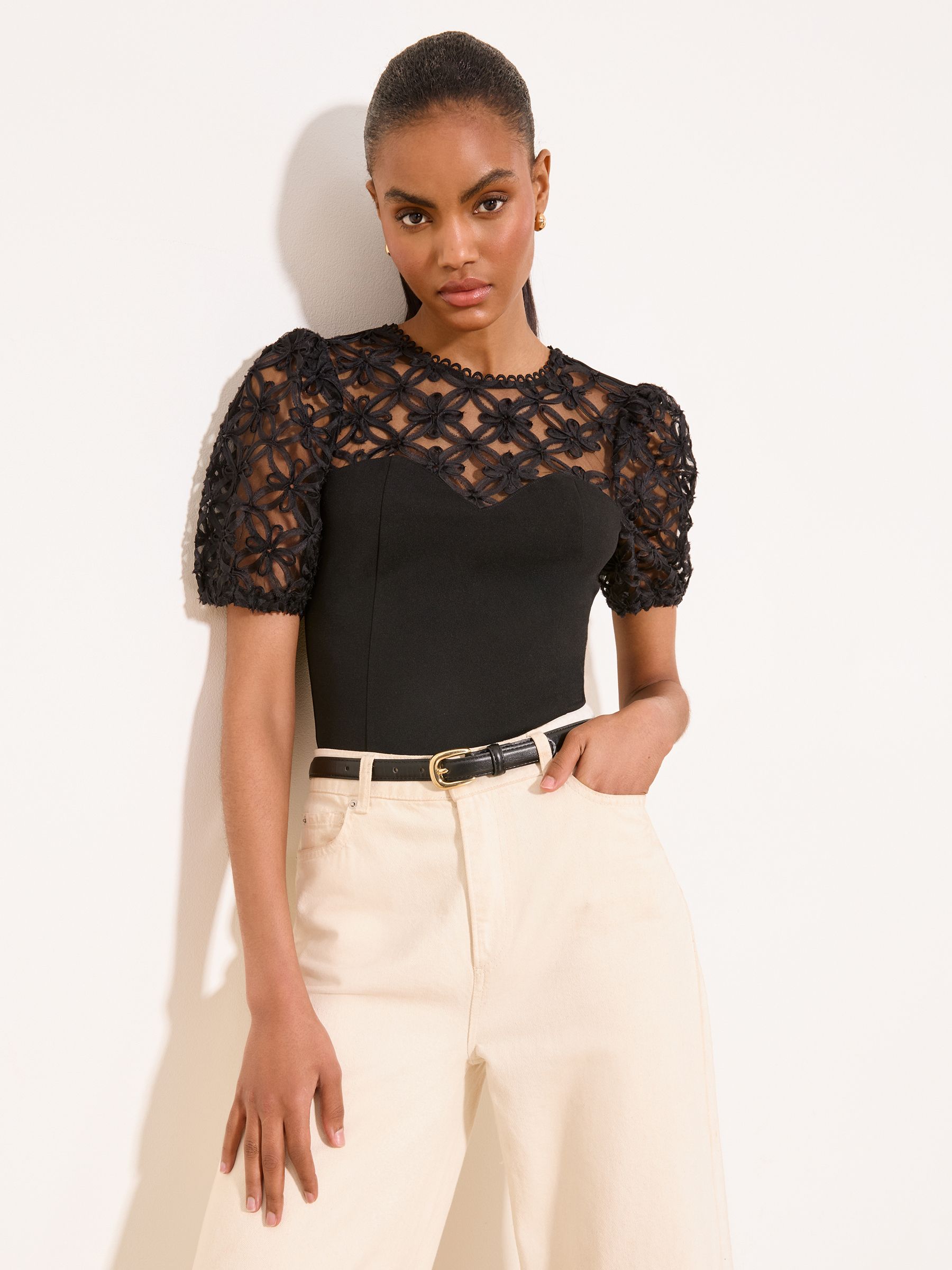 Buy Lipsy Black Short Sleeve Puff Sleeve 3D Textured Top from the
