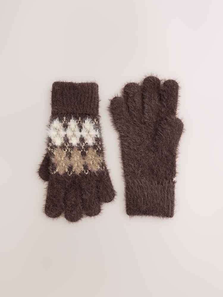 Chocolate Brown Fairisle Knitted Gloves - Image 1 of 3