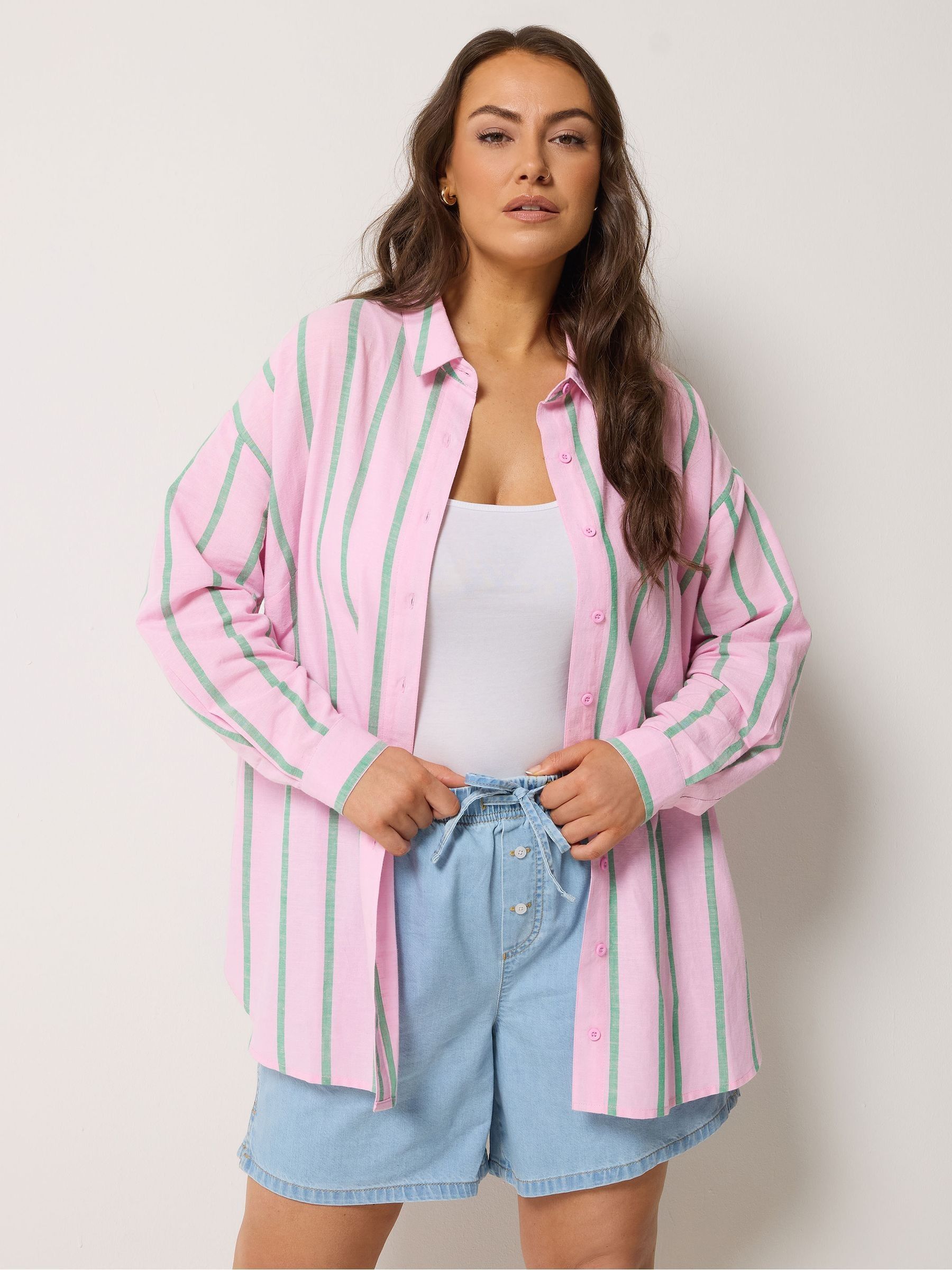 Yours Curve Women's Pink Long Sleeve Linen Blend Shirt