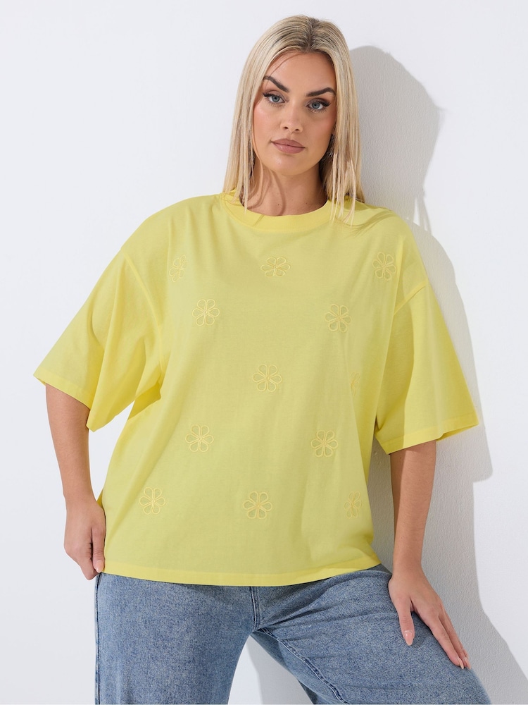 Yours Curve Yellow Limited Embroidered Floral T-Shirt - Image 1 of 5 Yours Curve Yellow Limited Embroidered Floral T-Shirt - Image 1 of 5