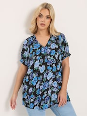 Yours Curve Blue Floral Notch Neck Blouse - Image 1 of 5
