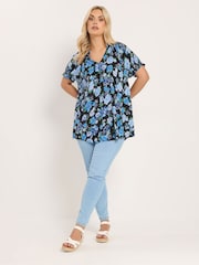 Yours Curve Blue Floral Notch Neck Blouse - Image 2 of 5
