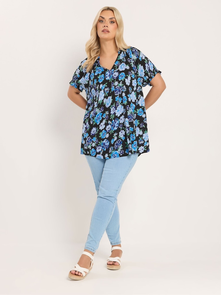 Yours Curve Blue Floral Notch Neck Blouse - Image 2 of 5