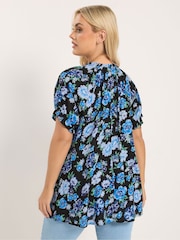 Yours Curve Blue Floral Notch Neck Blouse - Image 3 of 5