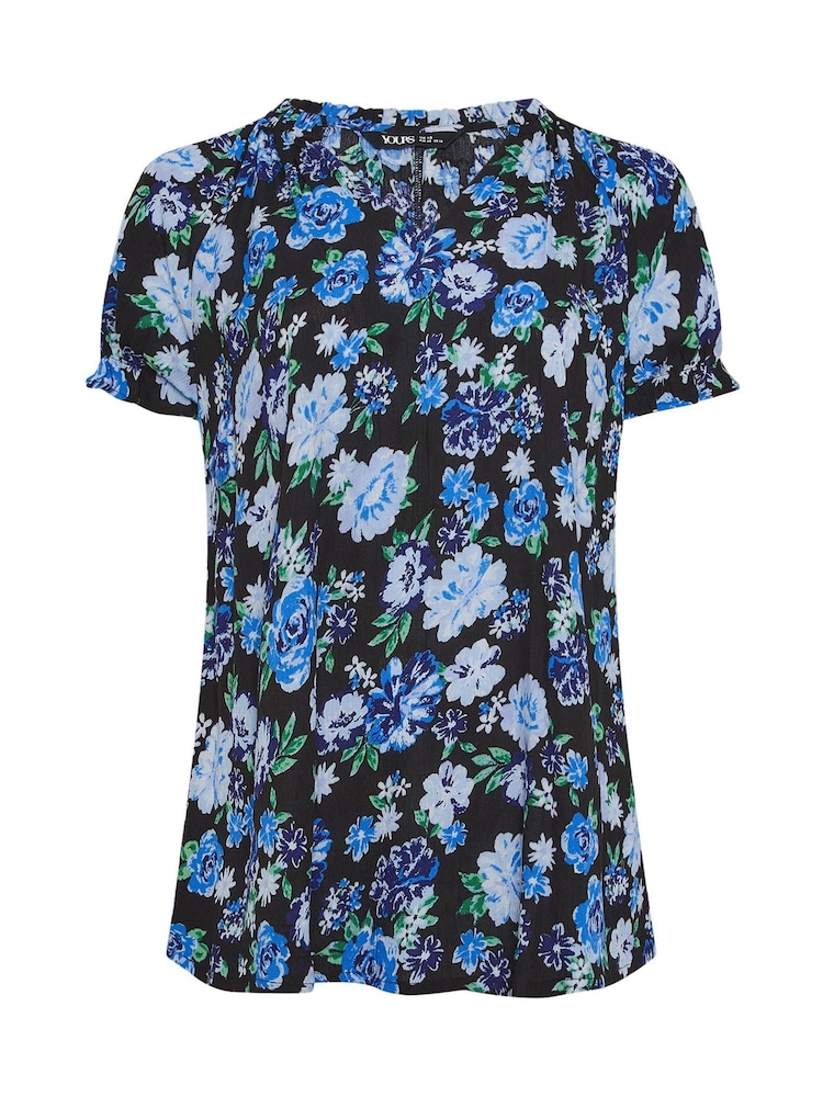 Yours Curve Blue Floral Notch Neck Blouse - Image 5 of 5