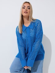 Yours Curve Blue Limited Crochet Collar Long Sleeve Shirt - Image 1 of 5