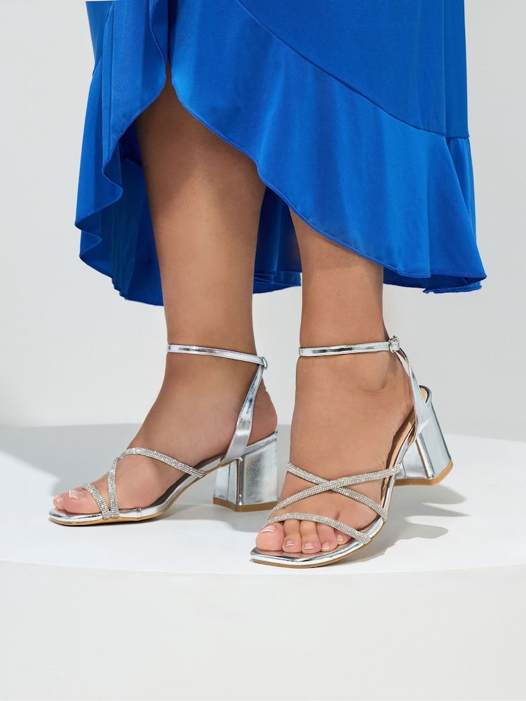 Yours Curve Silver Extra Wide Fit EEE Diamante Asymmetric Block Sandals - Image 1 of 5