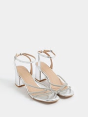 Yours Curve Silver Extra Wide Fit EEE Diamante Asymmetric Block Sandals - Image 2 of 5