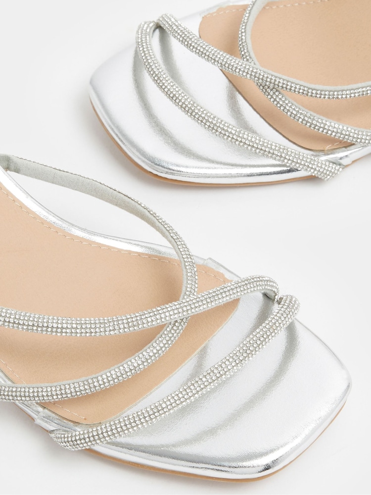 Yours Curve Silver Extra Wide Fit EEE Diamante Asymmetric Block Sandals - Image 5 of 5