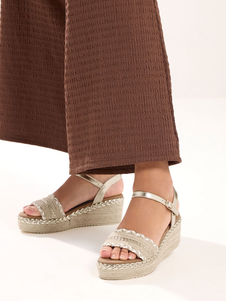 Yours Curve Gold Wide Fit EEE Extra-Wide Fit Plaited Wedge Sandals - Image 1 of 1