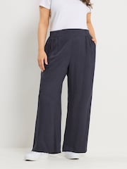 Yours Curve Blue Linen Blend Wide Leg Trousers - Image 1 of 5