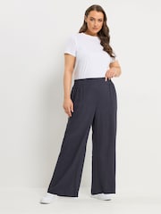 Yours Curve Blue Linen Blend Wide Leg Trousers - Image 2 of 5