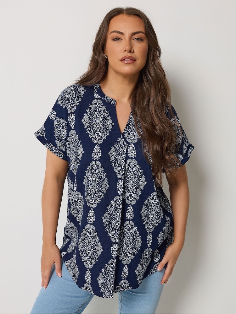 Yours Curve Blue Pleated Front Top - Image 1 of 5 Yours Curve Blue Pleated Front Top - Image 1 of 5