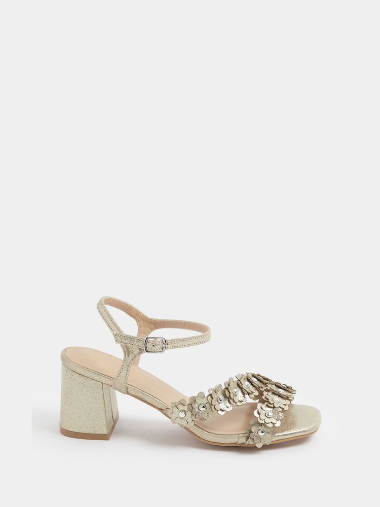 Yours Curve Gold EEE Extra-Wide Fit Shimmer Floral Block Heels - Image 2 of 5