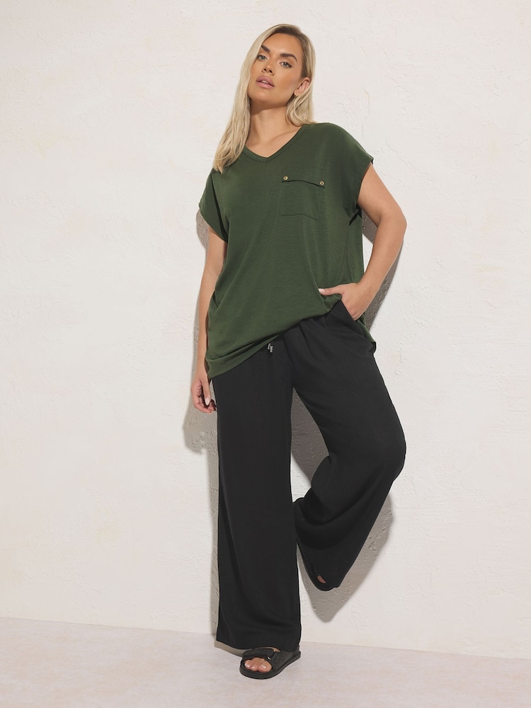 Yours Curve Black Linen Blend Wide Leg Trousers - Image 1 of 2 Yours Curve Black Linen Blend Wide Leg Trousers - Image 1 of 2