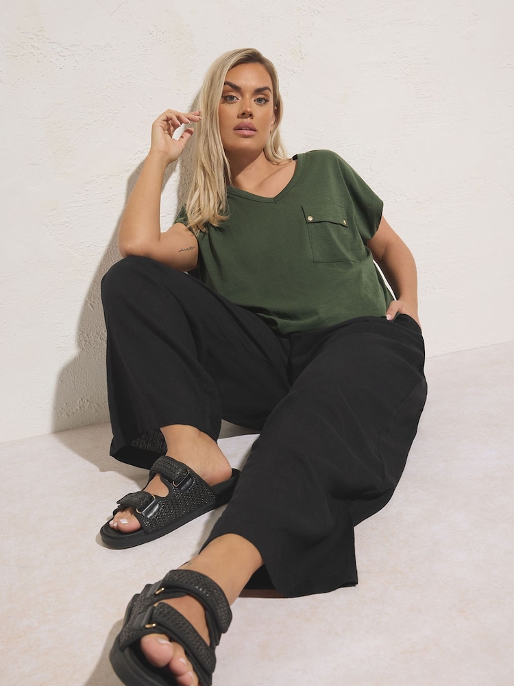Yours Curve Black Linen Blend Wide Leg Trousers - Image 2 of 2 Yours Curve Black Linen Blend Wide Leg Trousers - Image 2 of 2