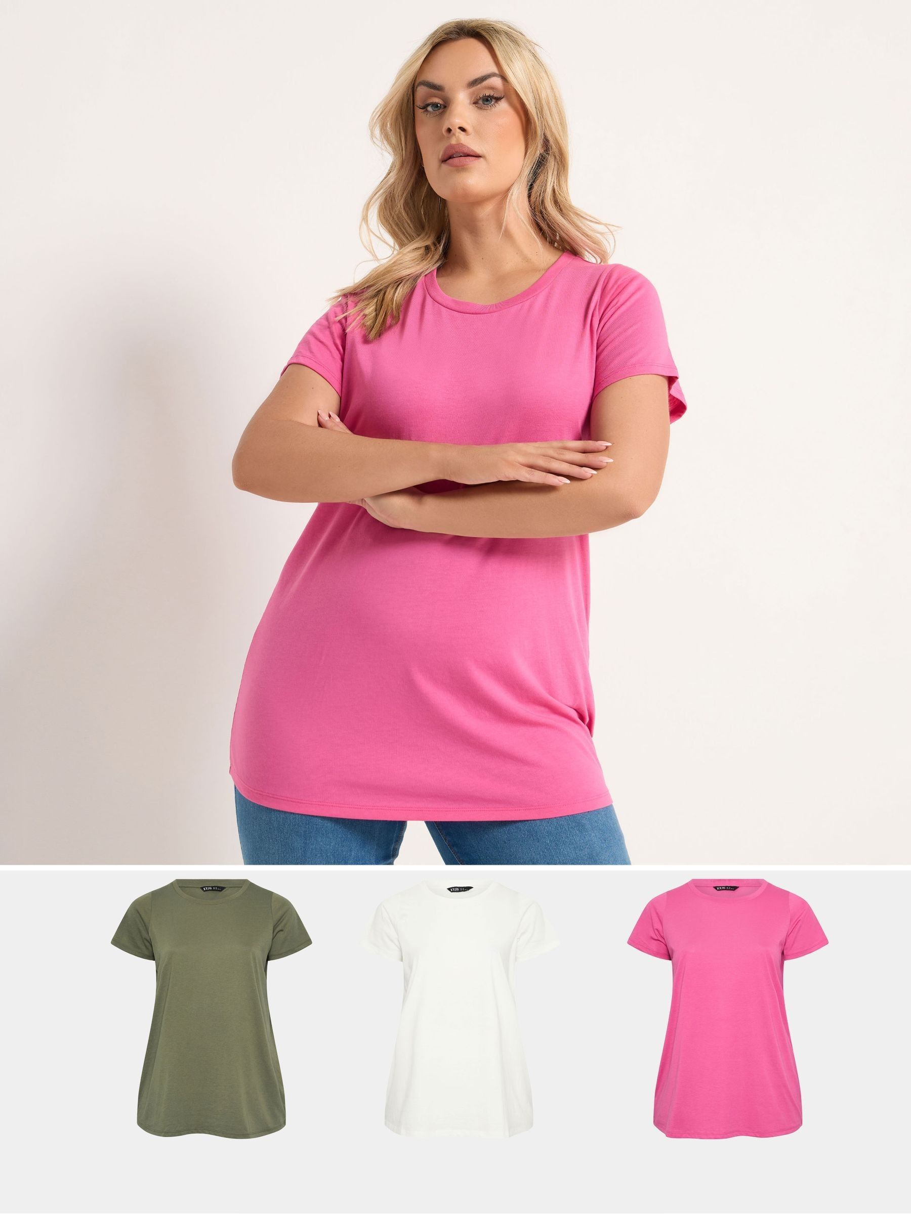 Yours Curve Women's Pink/White/Green Core T-Shirts 3 Pack