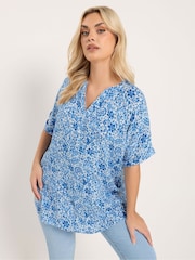 Yours Curve Blue Crinkle Notch Neck Top - Image 1 of 5