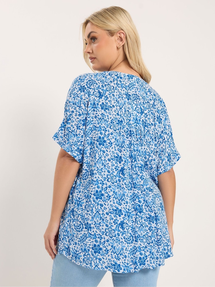 Yours Curve Blue Crinkle Notch Neck Top - Image 2 of 5