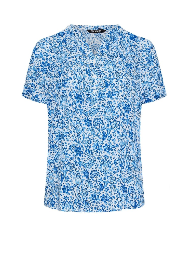 Yours Curve Blue Crinkle Notch Neck Top - Image 5 of 5