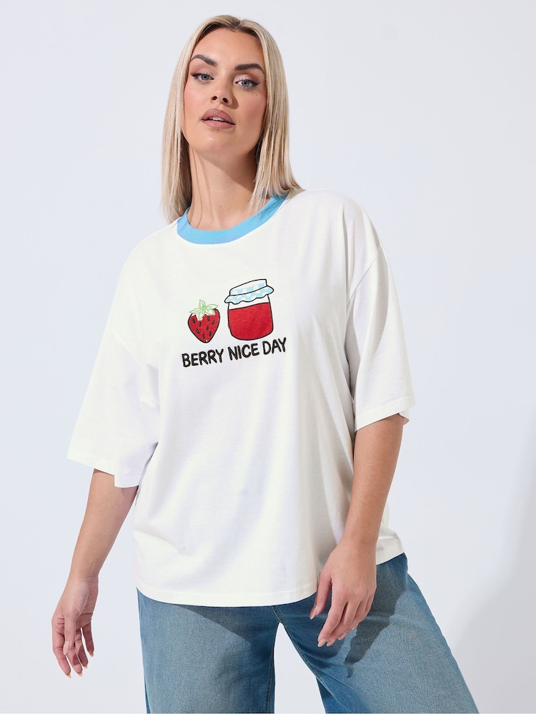 Yours Curve White Limited Embroidered 'Berry Nice Day' T-Shirt - Image 1 of 5 Yours Curve White Limited Embroidered 'Berry Nice Day' T-Shirt - Image 1 of 5