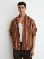 Reiss Tobacco/White Rubus Linen Striped Regular-Fit Shirt - Image 5 of 8